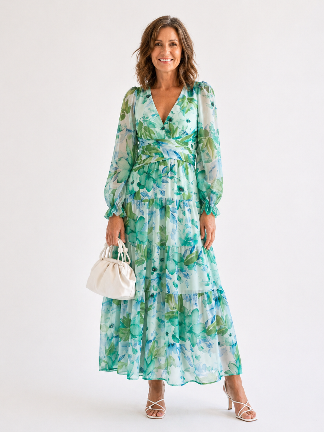 long sleeve maxi tea dress Floral V-Neck Long Sleeve Maxi Wedding Guest Dress